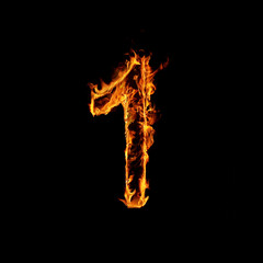 Fototapeta na wymiar Single Number of Fire Flames Alphabet on Black Background.
