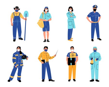 Essential Workers. Frontier Professions People, Main Areas Specialists, Different Jobs Men And Women In Medical Masks, Policeman And Doctor, Vector Cartoon Flat Isolated Set