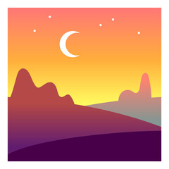 Twilight landscape. Moon crescent in light evening sky