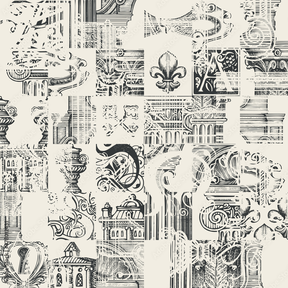 Poster abstract seamless pattern on theme of ancient architecture and art. monochrome hand-drawn vector bac