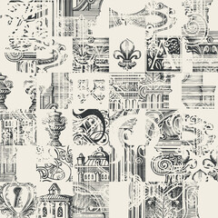 Abstract seamless pattern on theme of ancient architecture and art. Monochrome hand-drawn vector background with architectural fragments in grunge style. Wallpaper, wrapping paper, fabric design