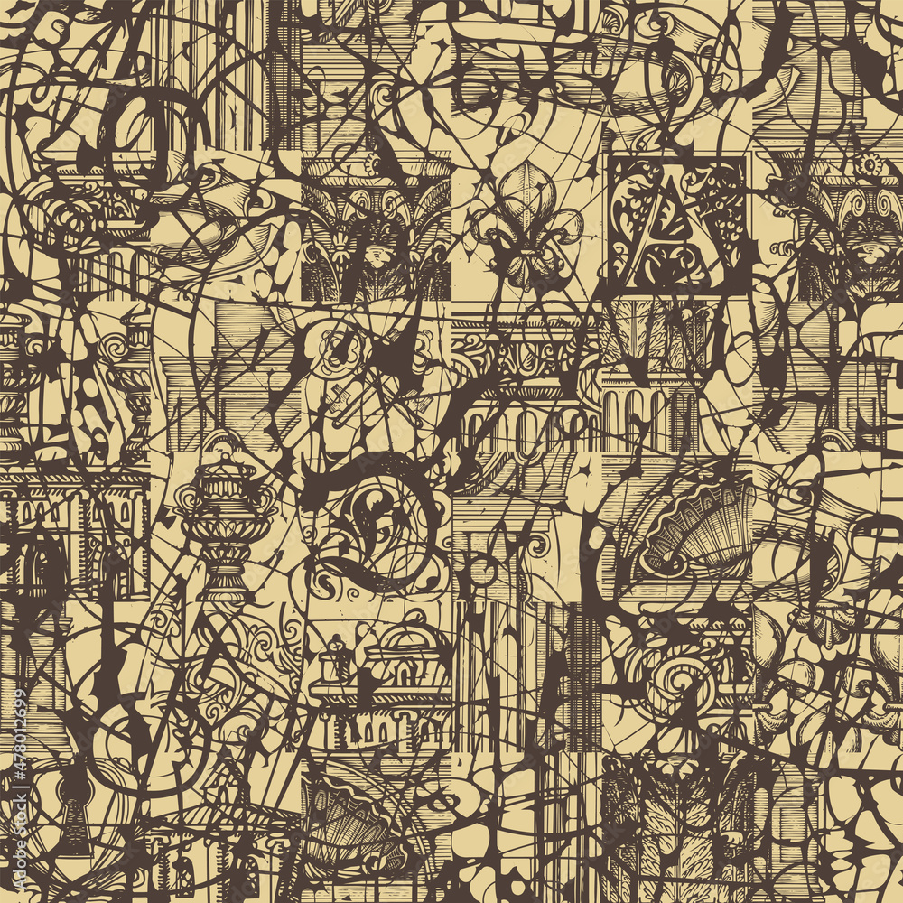 Aufkleber abstract seamless pattern with hand-drawn architectural fragments and chaotic scribbles in grunge st