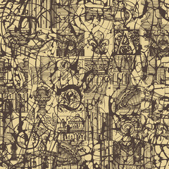 Obraz premium Abstract seamless pattern with hand-drawn architectural fragments and chaotic scribbles in grunge style. Monochrome vector background in beige and brown colors. Wallpaper, wrapping paper, fabric