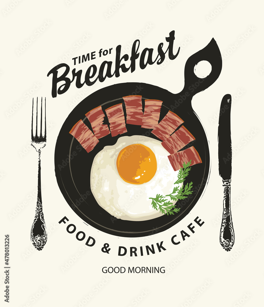 Poster Vector banner on the theme of Breakfast time with scrambled egg, appetizing bacon on a frying pan, beautiful fork and knife on a light background. Morning menu for a food and drink cafe in retro style