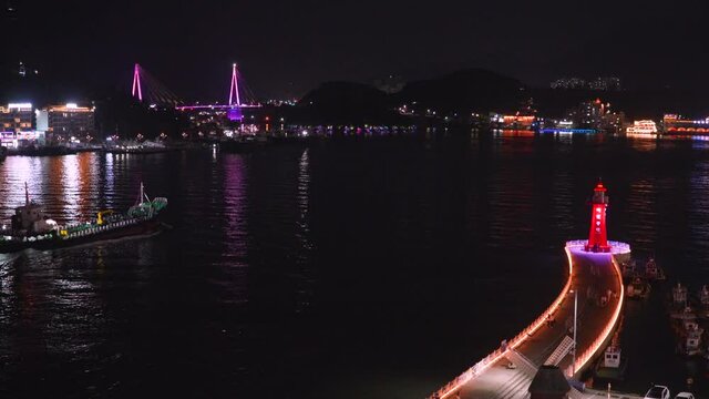 Aerial night view from cable car, Yeosu, South Korea