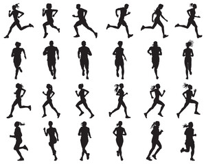 Fototapeta na wymiar Black silhouettes of runners on white backgrounds