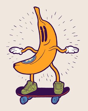 Naklejki Banana skater. Banana fruit funny character riding skateboard isolated vector illustration.