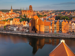 A warm summer day above the Old Town in Gdańsk. Aerial photo of the monuments of this old town.