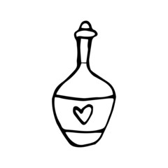 Champagne doodle set. Wedding party drinks. Doodle illustration. Bottle and wineglass of sparkling wine.