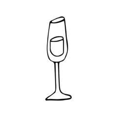 Champagne doodle set. Wedding party drinks. Doodle illustration. Bottle and wineglass of sparkling wine.