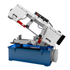 Automatic bandsaw sawing metal workpiece, industrial concept on white background