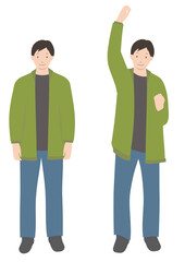 イラスト素材：正面を向いて立っていると、ガッツポーズをとっている男性のセット（秋・冬）