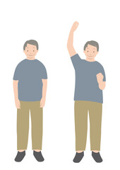 イラスト素材：正面を向いて立っていると、ガッツポーズをとっているシニア男性のセット（夏）