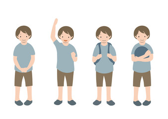 Obraz premium ガッツポーズやリュックを背負った、正面向きの男の子の全身イラストセット（夏）