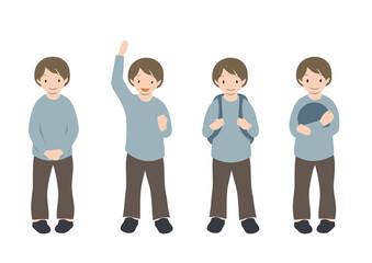 Fototapeta premium ガッツポーズやリュックを背負った、正面向きの男の子の全身イラストセット（春・秋）