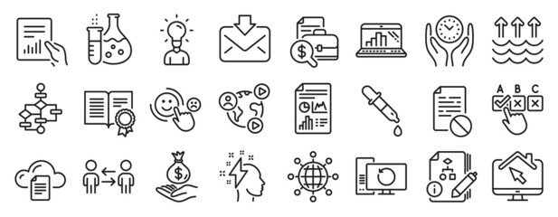 Set of Education icons, such as Education, Teamwork business, Brainstorming icons. Customer satisfaction, Incoming mail, Algorithm signs. Diploma, Report document, Block diagram. Safe time. Vector
