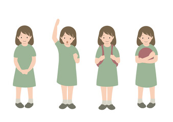 Fototapeta premium ガッツポーズやリュックを背負った、正面向きの女の子の全身イラストセット（夏）