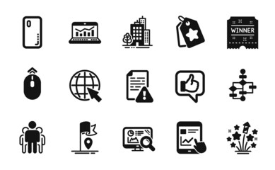 Vector set of Like, Group and Flag icons simple set. Smartphone cover, Buildings and Instruction manual icons. Internet report, Winner ticket and Fireworks stars signs. Like simple web symbol. Vector
