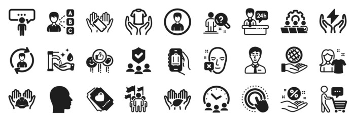 Set of People icons, such as Opinion, Reception desk, Teamwork icons. Baggage app, Face declined, Builders union signs. Clean shirt, Hold t-shirt, Fair trade. Person, Leadership, Head. Vector
