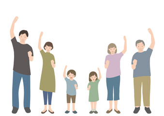Obraz premium イラスト素材：笑顔でガッツポーズをとっている3世代家族のイラストセット