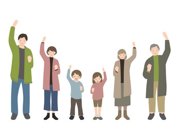 イラスト素材：笑顔でガッツポーズをとっている3世代家族のイラストセット