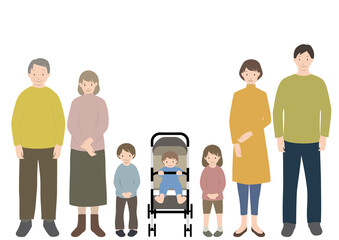 Obraz premium イラスト素材：笑顔で正面を向いている3世代家族のイラストセット