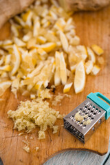 Mix of black radish, honey, ginger and lemon, close-up
