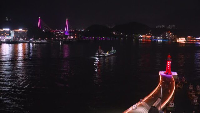 Aerial night view from cable car, Yeosu, South Korea