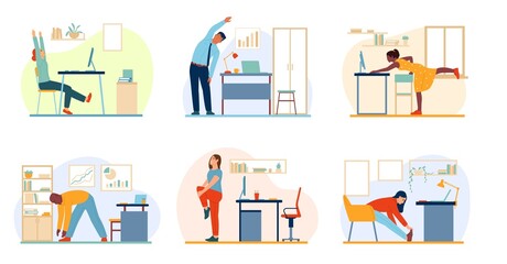Workplace workout people. Stretching and warm up on job. Office yoga. Corporate fitness and sport. Men and women training in workspace. Vector set of employees do physical exercises