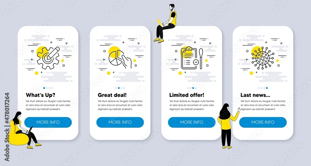 Poster vector set of science icons related to nasal test, cogwheel and pie chart icons. ui phone app screen
