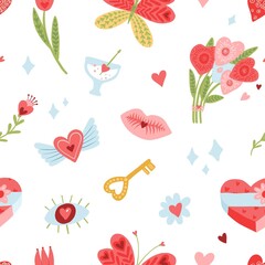 Seamless pattern love elements. Sweety hearts, kisses and flowers, color doodles signs, valentine day backdrop, cute romantic symbols. Decor textile, wrapping paper, vector print or fabric