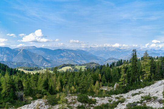 Overlooking the Puez-Geisler nature park mountains in the Dolomites