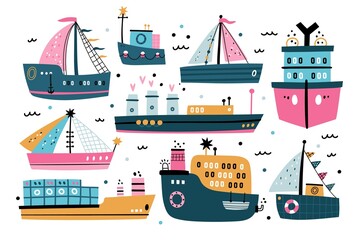 Cute baby boats. Boys nursery design elements. Funny sea vessels. Sailing and steam, cargo ships. Trawlers and yachts. Ocean vehicle. Kids transportation. Vector water transport set