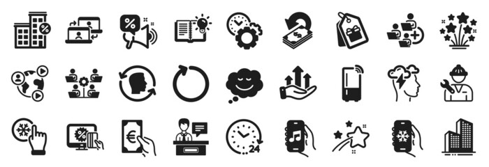 Set of Business icons, such as Repairman, Time management, Face id icons. Falling star, Product knowledge, Cashback signs. Air conditioning, Loan house, 24 hours. Music app, Speech bubble. Vector