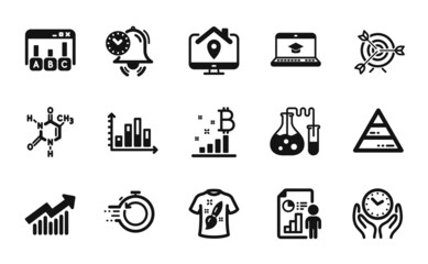 Vector set of Time management, Business report and Chemistry lab icons simple set. Pyramid chart, Survey results and T-shirt design icons. Safe time, Chemical formula and Demand curve signs. Vector