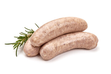 Munich Veal Sausages, close-up, isolated on white background.