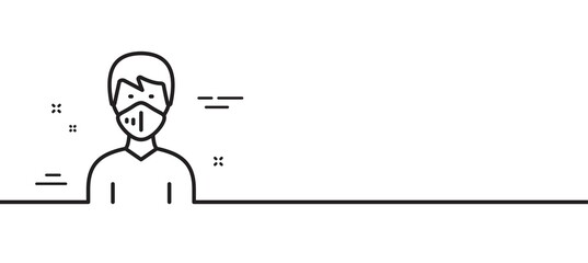 Man with medical mask line icon. Safety breathing respiratory mask sign. Coronavirus face protection symbol. Minimal line illustration background. Medical mask line icon pattern banner. Vector