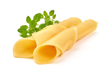 Dutch gouda cheese slices, isolated on white background.