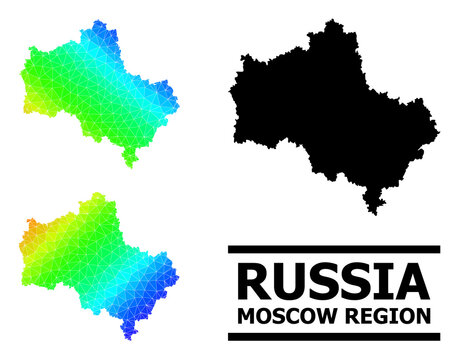Vector low-poly spectrum colored map of Moscow Region with diagonal gradient. Triangulated map of Moscow Region polygonal illustration.
