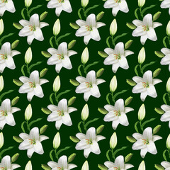 White lily flower & buds Seamless Pattern Design