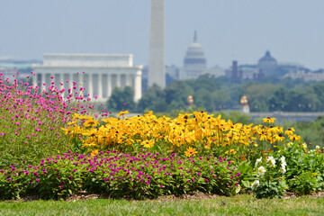 Washington DC skyline with major monumental buildings including Lincoln Memorial and Washington...