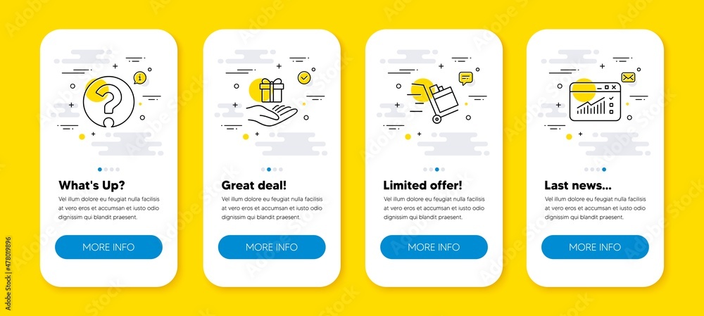 Poster vector set of question mark, push cart and loyalty program line icons set. ui phone app screens with