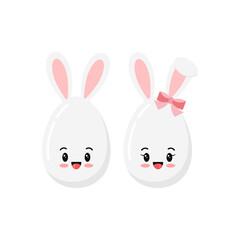 Easter cute eggs with bunny ears icon set isolated on white background. Spring white bird eggs decorated rabbit ears vector flat design cartoon style illustration.