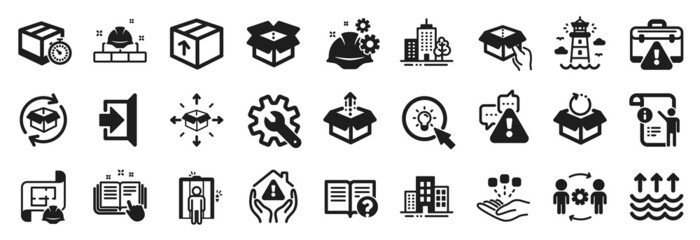 Set of Industrial icons, such as Parcel delivery, Engineering team, Manual doc icons. Construction bricks, Open box, Elevator signs. Buildings, Help, Evaporation. Hold box, Warning, Energy. Vector
