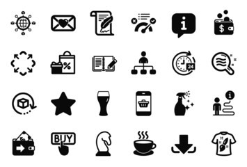 Vector Set of simple icons related to Feedback, Logistics network and Smartphone buying icons. Beer glass, Star and Maximize signs. Cappuccino, Management and Valentine. Shopping, Feather. Vector