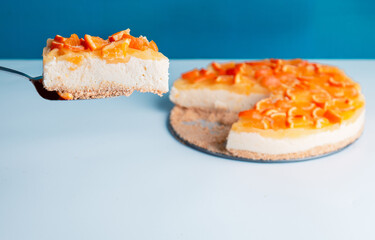 Closeup detail view sliced orange cheesecake or pudding, decorated with riped orange fruit.
