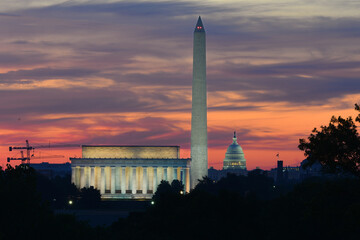 Washington D.C. skyline at night with major monuments in view - Washington D.C. United States of...