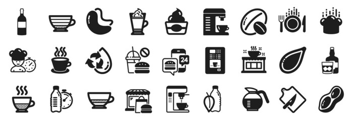 Set of Food and drink icons, such as Food app, Latte coffee, Food market icons. Recycle water, Coffee maker, Wine bottle signs. Fitness water, Pumpkin seed, Doppio. Ice cream, Peanut, Chef. Vector