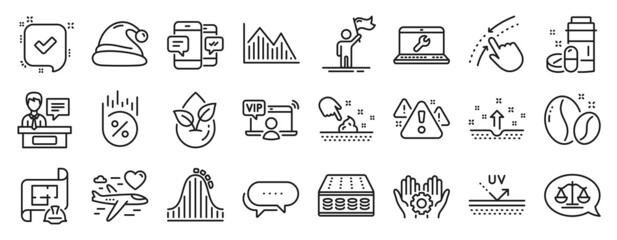 Set of Business icons, such as Uv protection, Mattress, Confirmed icons. Leadership, Medical drugs, Honeymoon travel signs. Employee hand, Investment graph, Coffee beans. Exhibitors. Vector