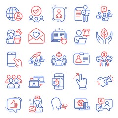 People icons set. Included icon as Engineering team, Touchscreen gesture, Nurse signs. Fair trade, Job interview, Id card symbols. Approved group, Support chat, Teamwork chart. Mobile like. Vector